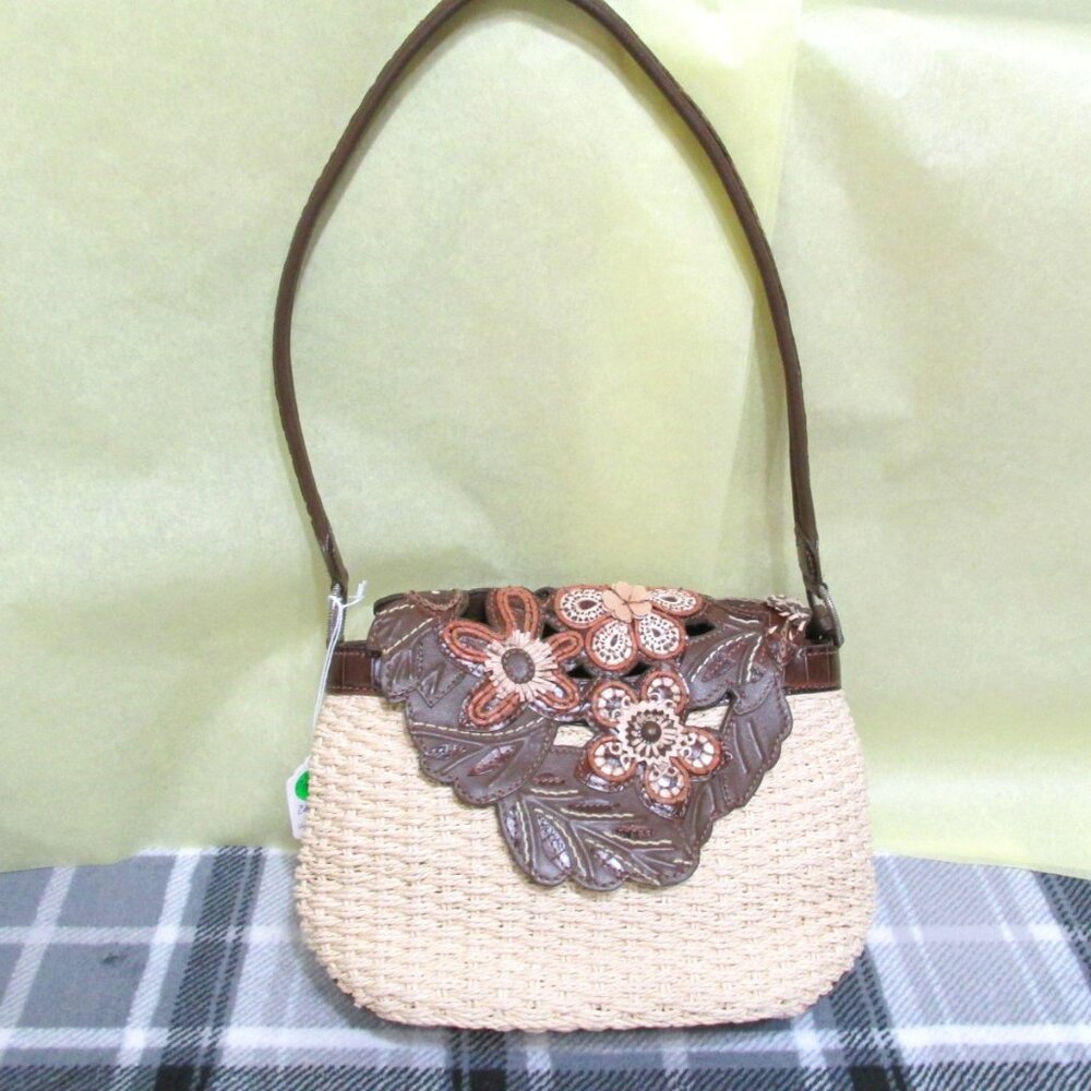 Woven Straw Shoulder Bag with Brown Floral Applique